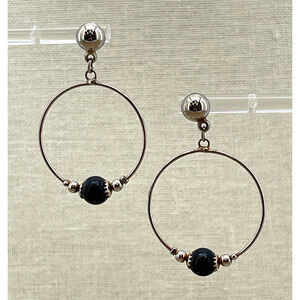 Dangling Silver Tone Pierced Hoop Earrings With Black Beads Secure Lock Back